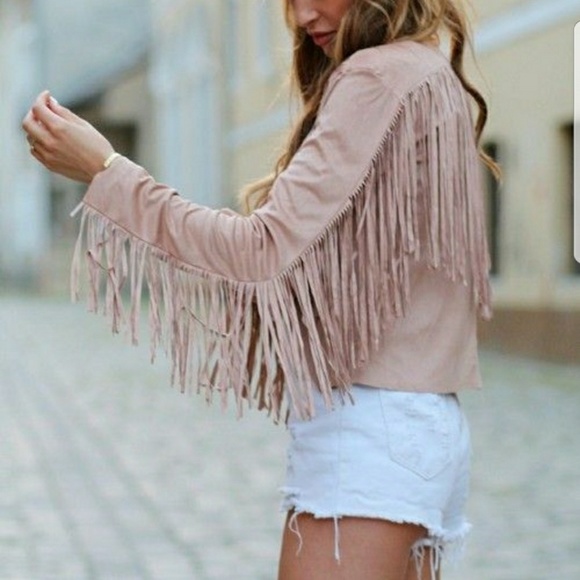 . Jackets & Blazers - JACKET PINK FAUX SUEDE FRINGE JACKET